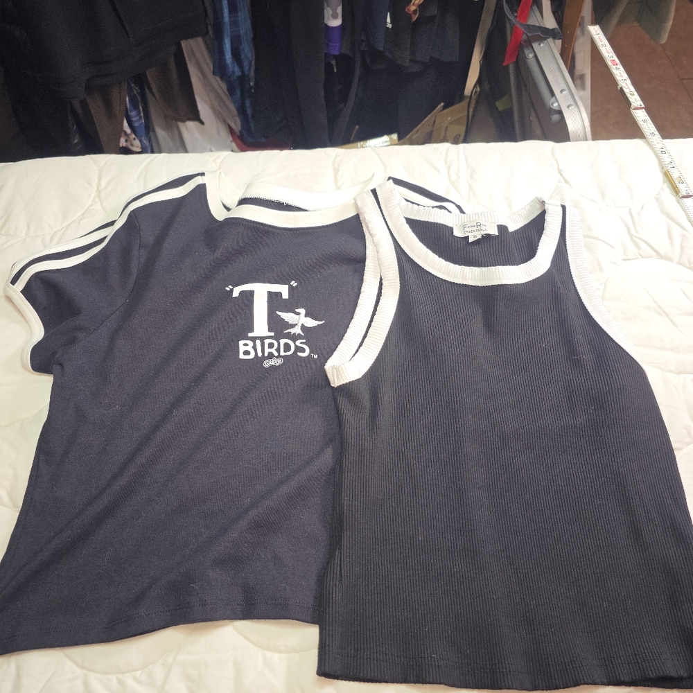 Grease TBirds Tee + Ribbed Tank Top Lot L Retro Movie Graphic Black White Bundle